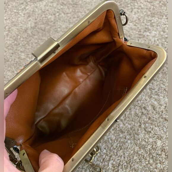 Handmade Genuine Embossed Leather Leopard Print, Metal Frame Handbag/Crossbody - Picture 12 of 14